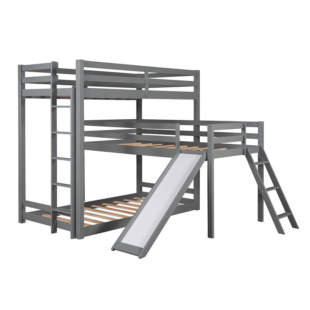 Twin-Over-Twin Size L-shaped Bunk Bed Frame with Loft Bed, Ladder, Slide, and Wooden Slats Support, No Spring Box Required, for Kids, Teens, Boys, Girls (Frame Only) - Gray