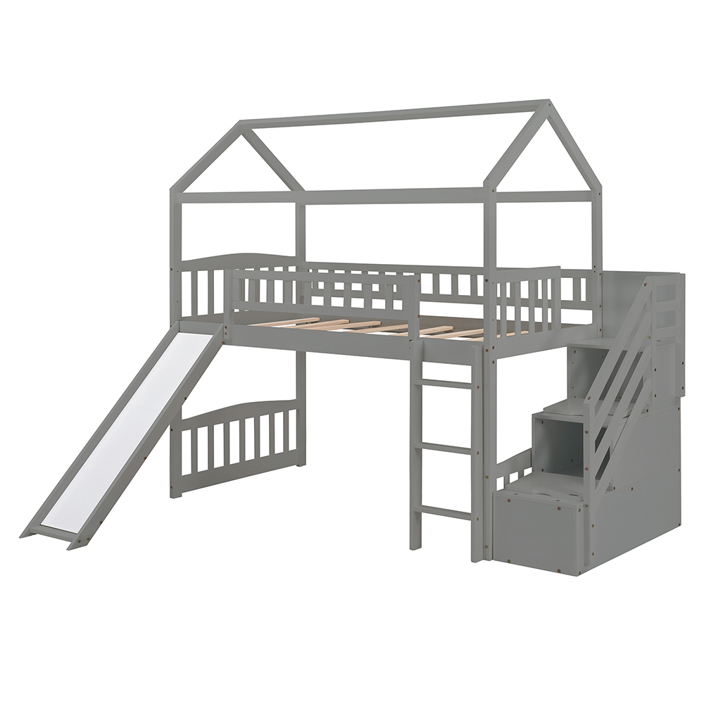 Twin-Size House-shaped Loft Bed Frame with Storage Stairs, Slide, and Wooden Slats Support, for Kids, Teens, Boys, Girls (Frame Only) - Gray
