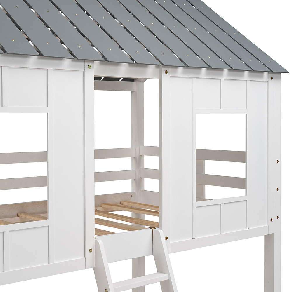 Twin-Over-Twin Size House-shaped Bunk Bed Frame with Ladder, and Wooden Slats Support, No Spring Box Required, for Kids, Teens (Frame Only) - White