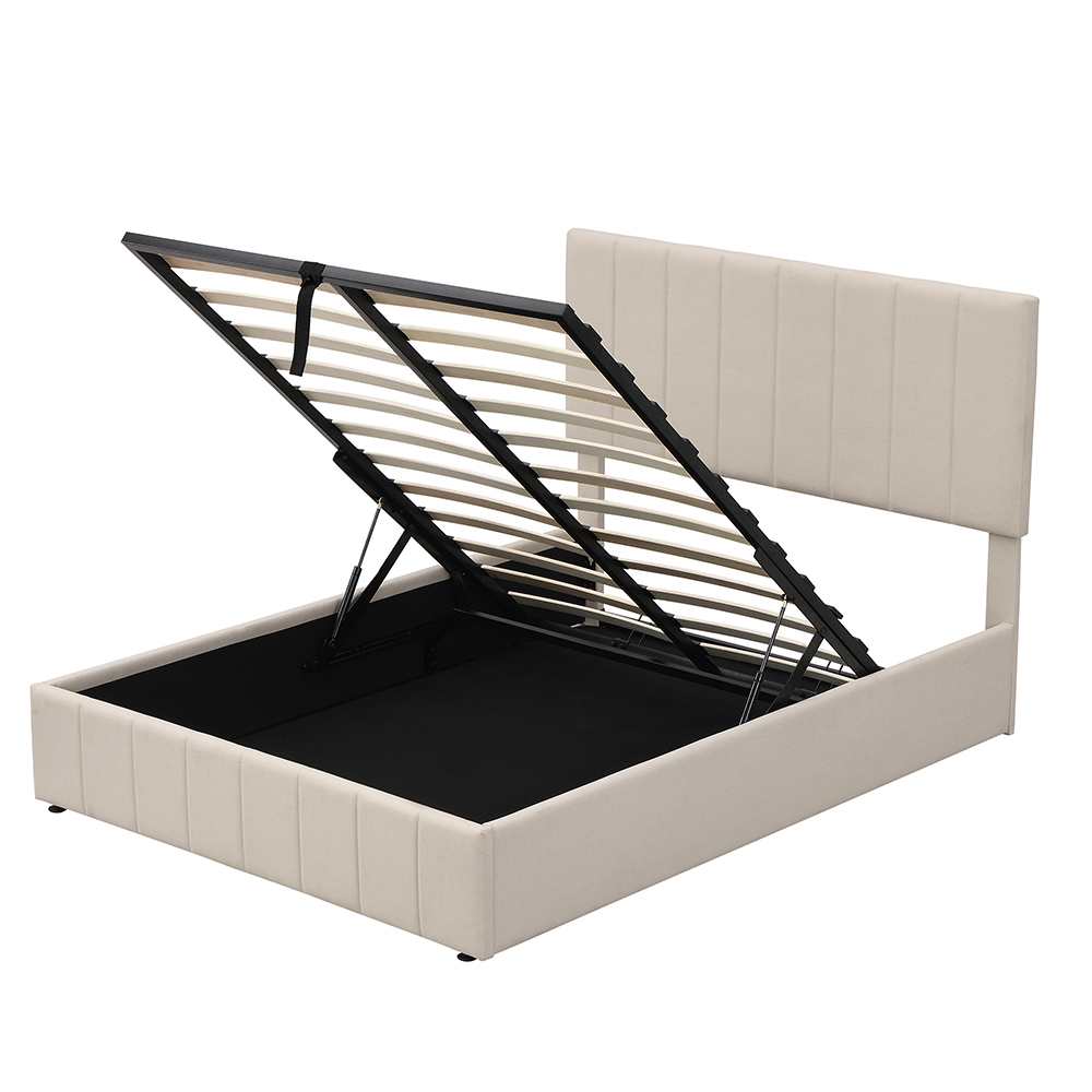 Full-Size Linen Upholstered Platform Bed Frame with Hydraulic Storage System and Wooden Slats Support, No Box Spring Needed (Only Frame) - Beige