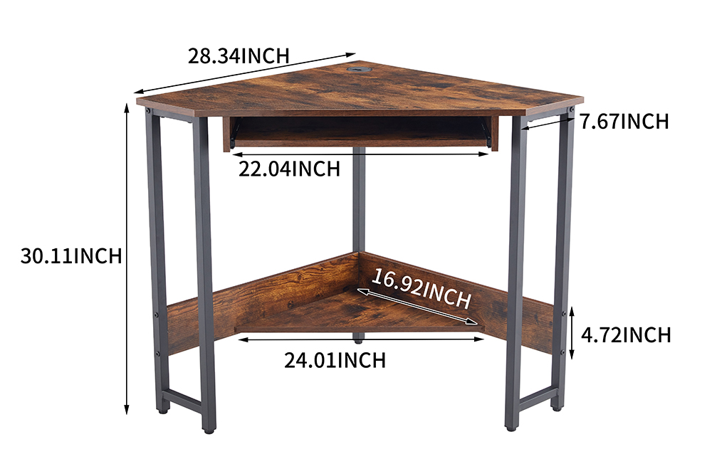 28.3" Triangle Computer Table with Keyboard Tray and Large Storage Space, for Office, Cafe, Study Room - Brown