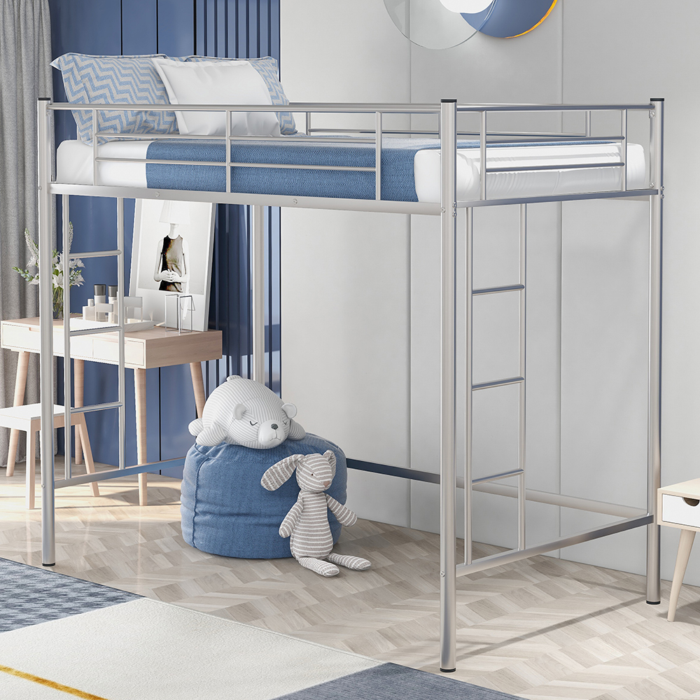 Twin-Size Loft Bed Frame with Guardrail, Two-Side Ladders, and Steel Slats Support, No Box Spring Needed (Only Frame) - Silver