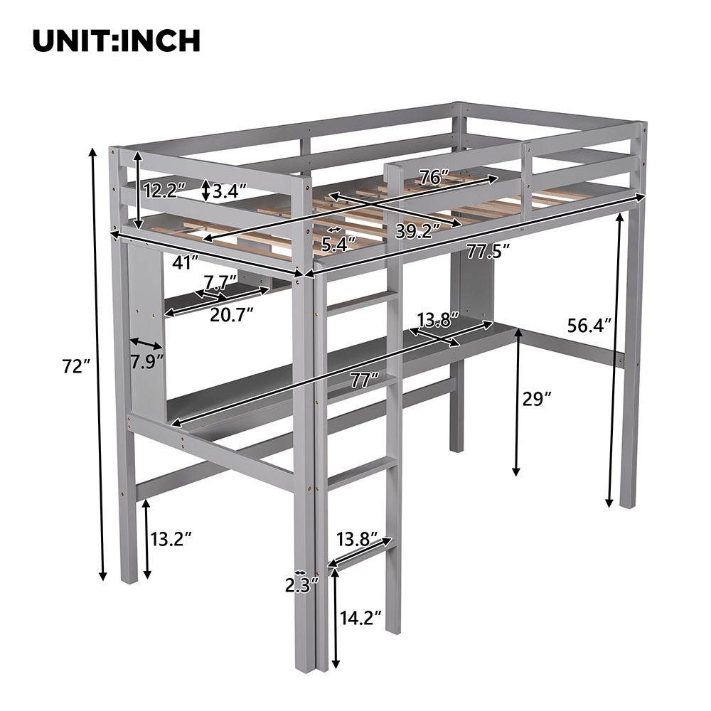 Twin-Size Loft Bed Frame with Desk, Storage Shelves, Ladder, and Wooden Slats Support, for Kids, Teens, Boys, Girls (Frame Only) - Gray