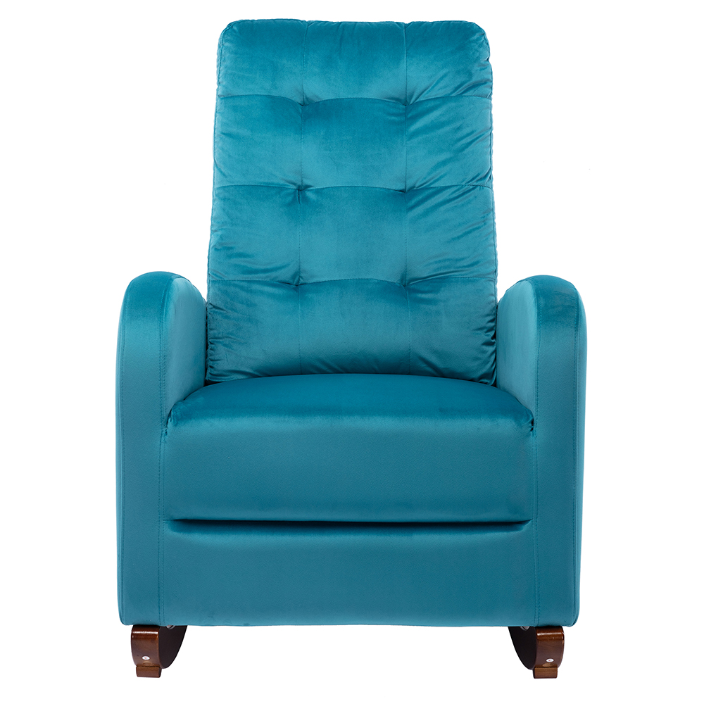 Velvet Upholstered Rocking Chair with Solid Wood Base and High Backrest, for Living Room, Bedroom, Dining Room, Nursery - Blue