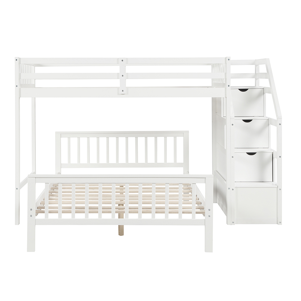 Twin-Over-Full Size Separable Bunk Bed Frame with Storage Stairs, and Wooden Slats Support, No Spring Box Required, for Kids, Teens (Frame Only) - White