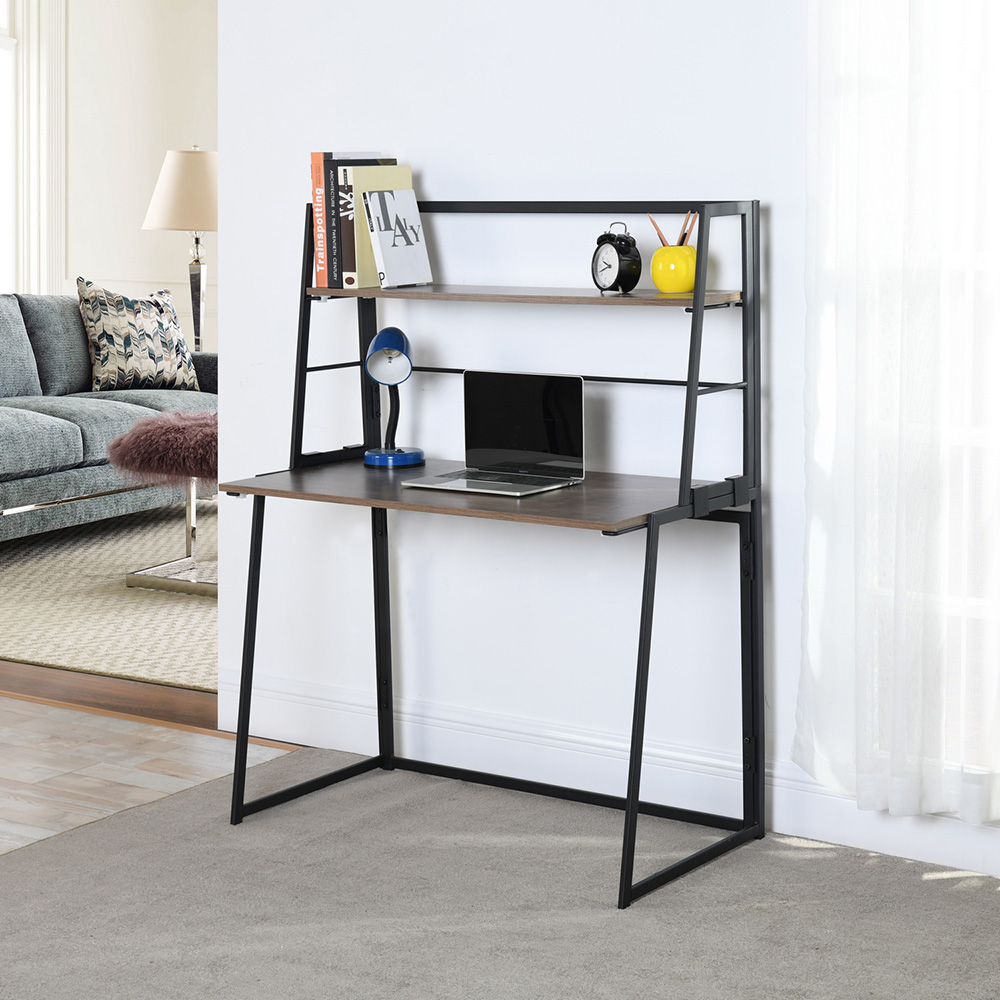 39.4" Home Office Folding Computer Desk with Bookshelves, Wooden Tabletop and Metal Frame, for Game Room, Office, Study Room - Walnut