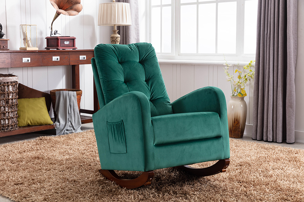 Velvet Upholstered Rocking Chair with Solid Wood Base and High Backrest, for Living Room, Bedroom, Dining Room, Nursery - Green