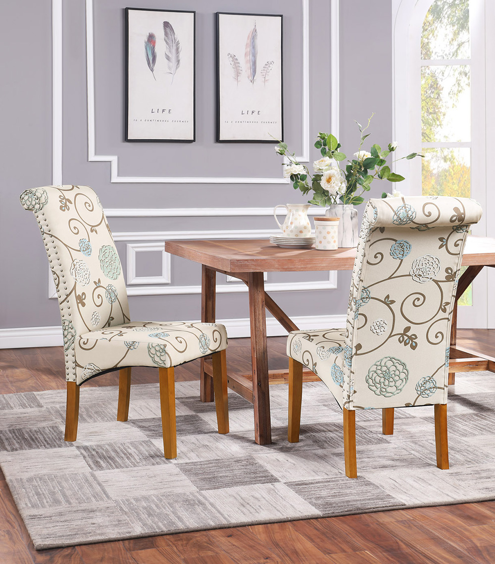 TOPMAX Fabric Upholstered Dining Chair Set of 6, with Nailed Trim Backrest, and Wood Legs, for Restaurant, Cafe, Tavern, Office, Living Room - Floral