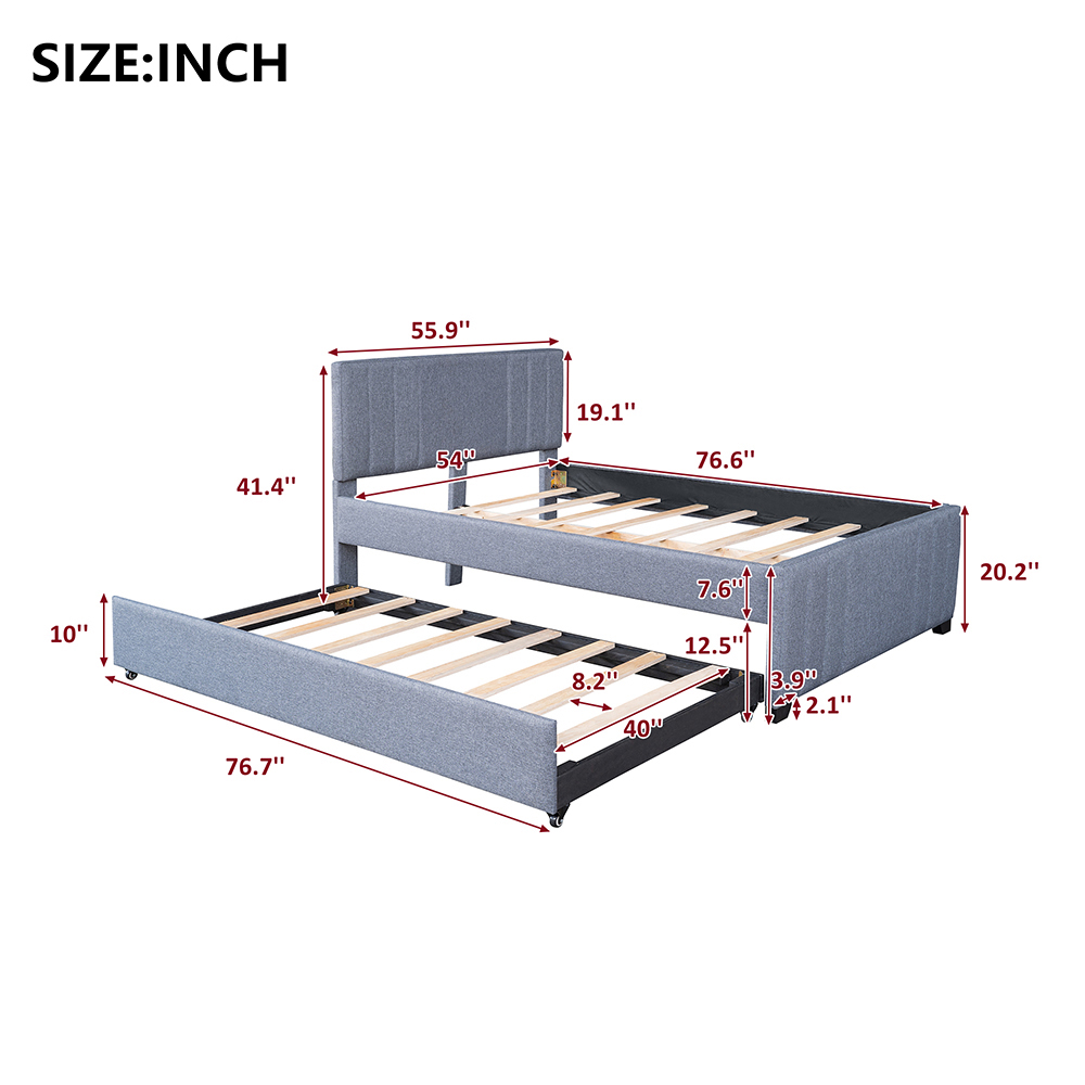 Full-Size Upholstered Platform Bed Frame with Trundle Bed, and Wooden Slats Support, No Box Spring Needed (Only Frame) - Gray