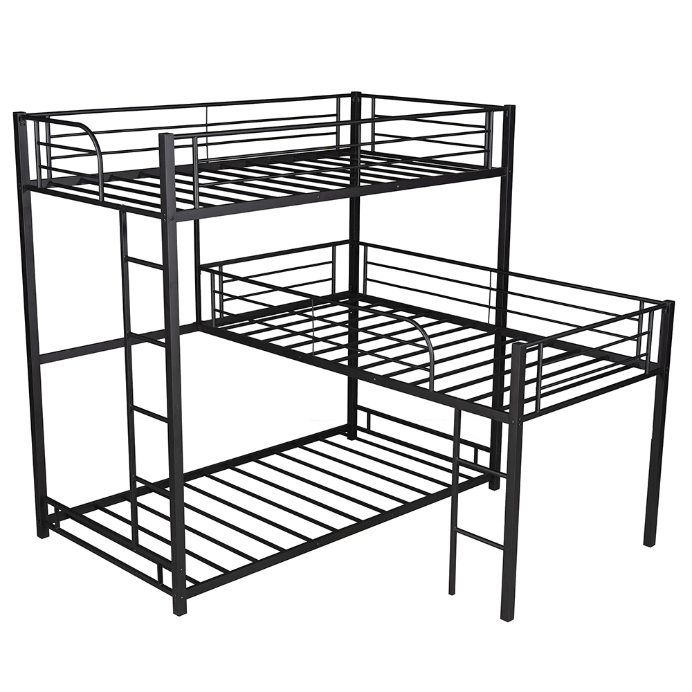 Twin-Size L-shaped Triple Bed Frame with Ladders, and Metal Slats Support, No Spring Box Required, for Kids, Teens (Frame Only) - Black