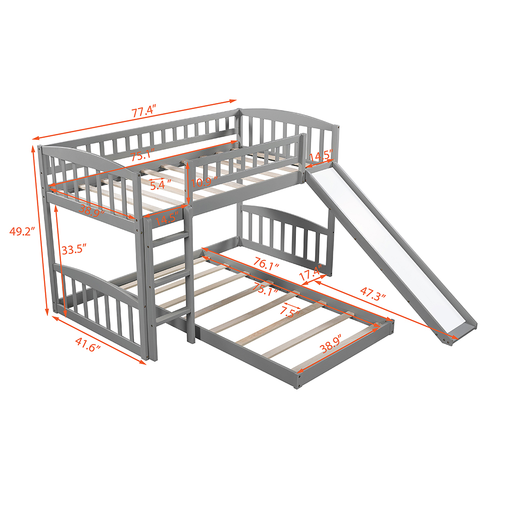 Twin-Over-Twin Size Bunk Bed Frame with Slide, Ladder, and Wooden Slats Support, No Spring Box Required, for Kids, Teens, Boys, Girls (Frame Only) - Gray