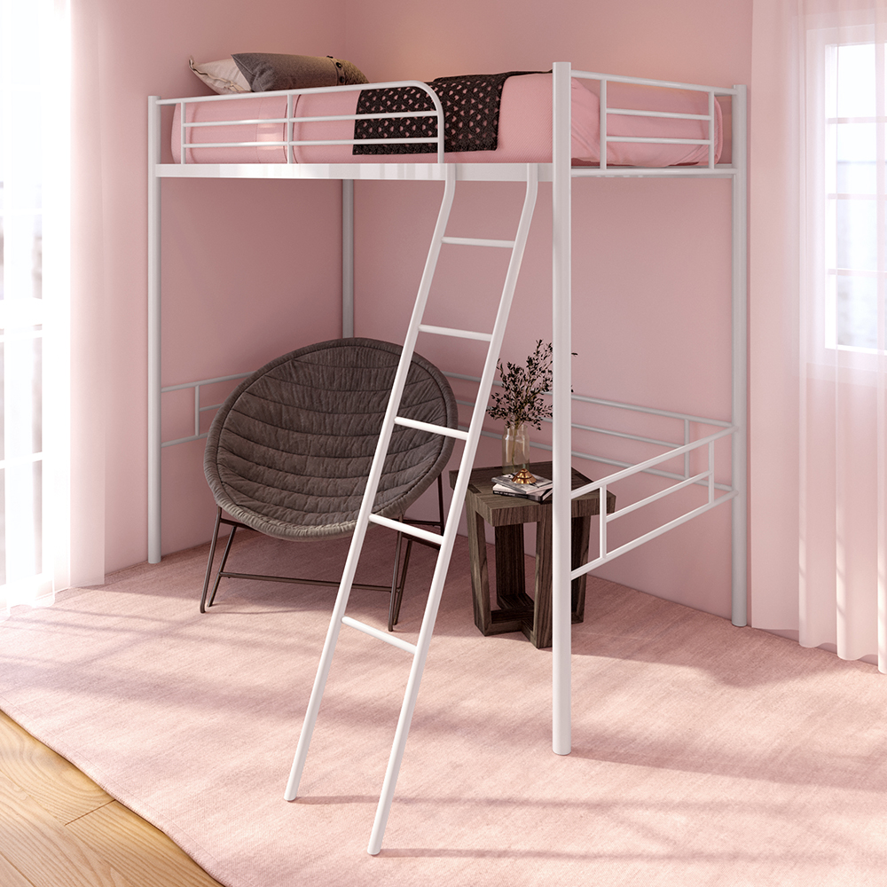 Twin-Size Loft Bed Frame with Ladder, and Steel Slats Support, for Kids, Teens, Boys, Girls (Frame Only) - White