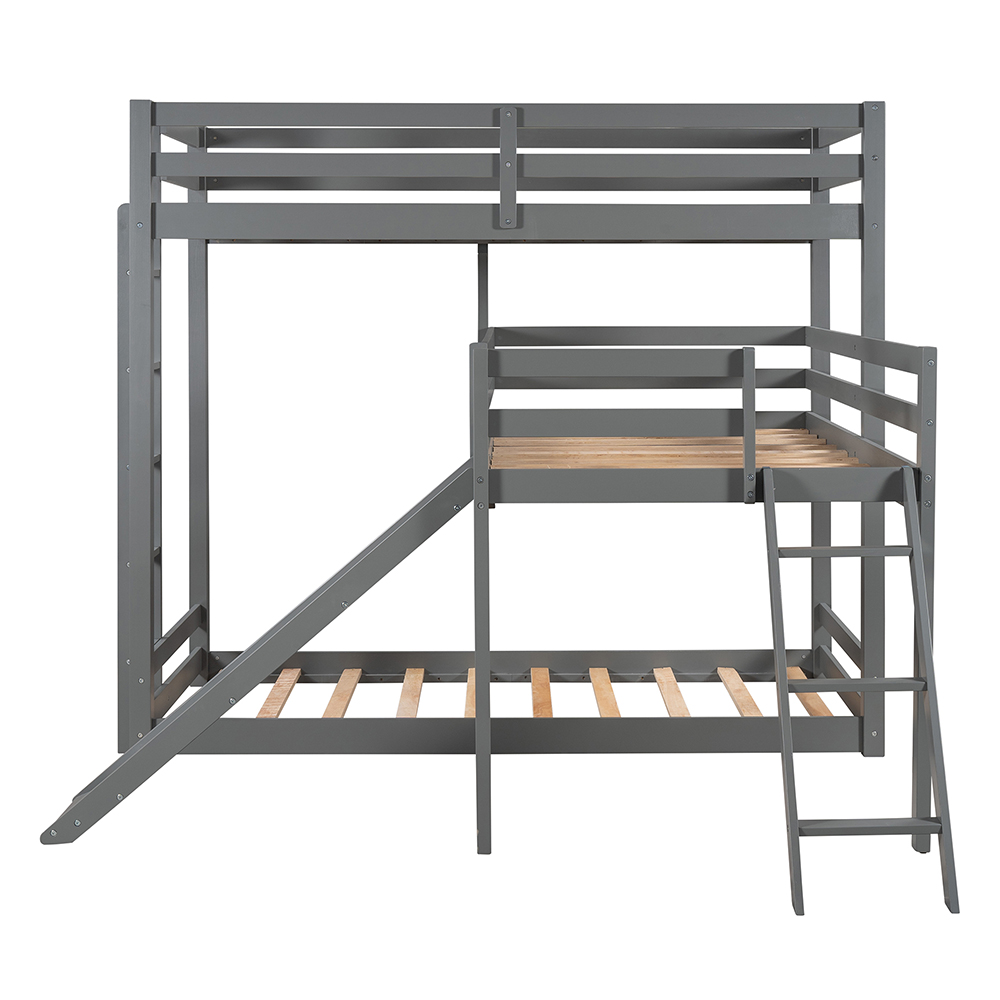 Twin-Over-Twin Size L-shaped Bunk Bed Frame with Loft Bed, Ladder, Slide, and Wooden Slats Support, No Spring Box Required, for Kids, Teens, Boys, Girls (Frame Only) - Gray