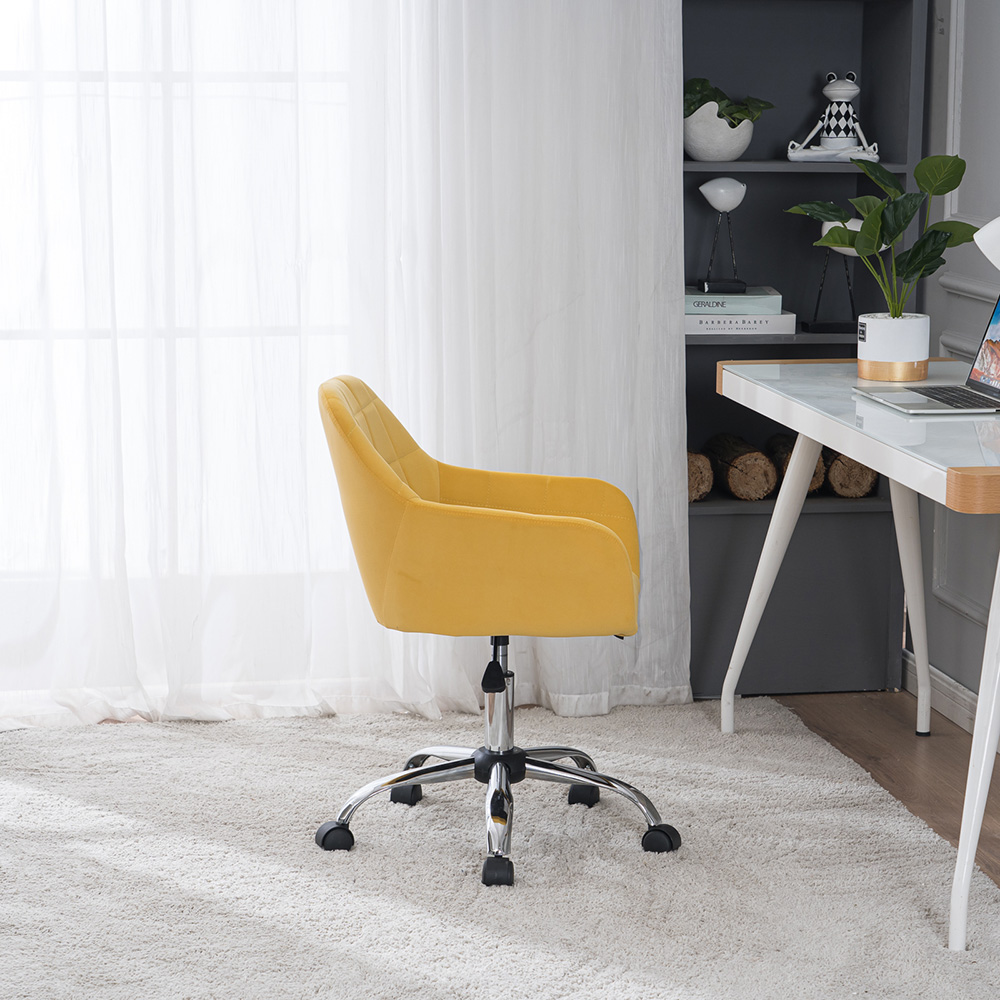 Velvet Upholstered Swivel Chair Height Adjustable with Curved Backrest and Casters for Living Room, Bedroom, Dining Room, Office - Yellow