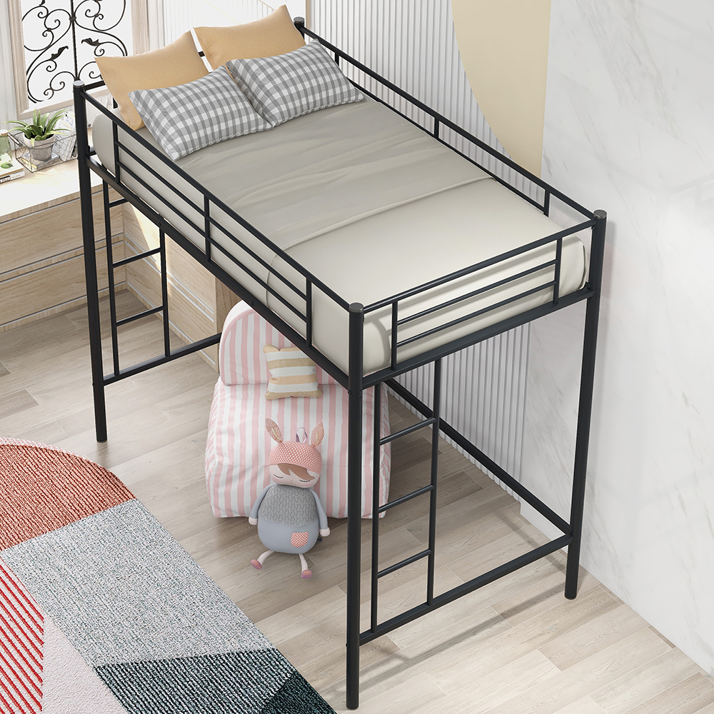 Twin-Size Loft Bed Frame with Guardrail, Two-Side Ladders, and Steel Slats Support, No Box Spring Needed (Only Frame) - Black