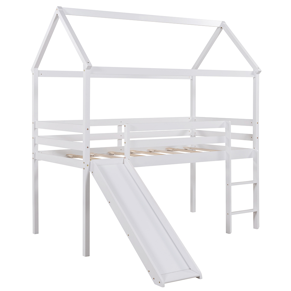 Twin-Size House-shaped Loft Bed Frame with Ladder, Slide, and Wooden Slats Support, for Kids, Teens, Boys, Girls (Frame Only) - White