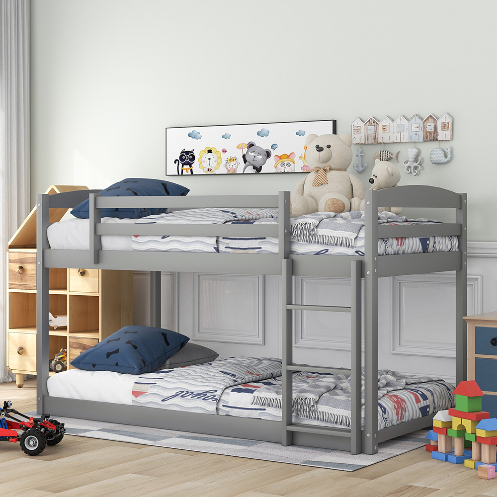 Twin-Over-Twin Size Bunk Bed Frame with Ladder, and Wooden Slats Support, No Spring Box Required, for Kids, Teens, Boys, Girls (Frame Only) - Gray
