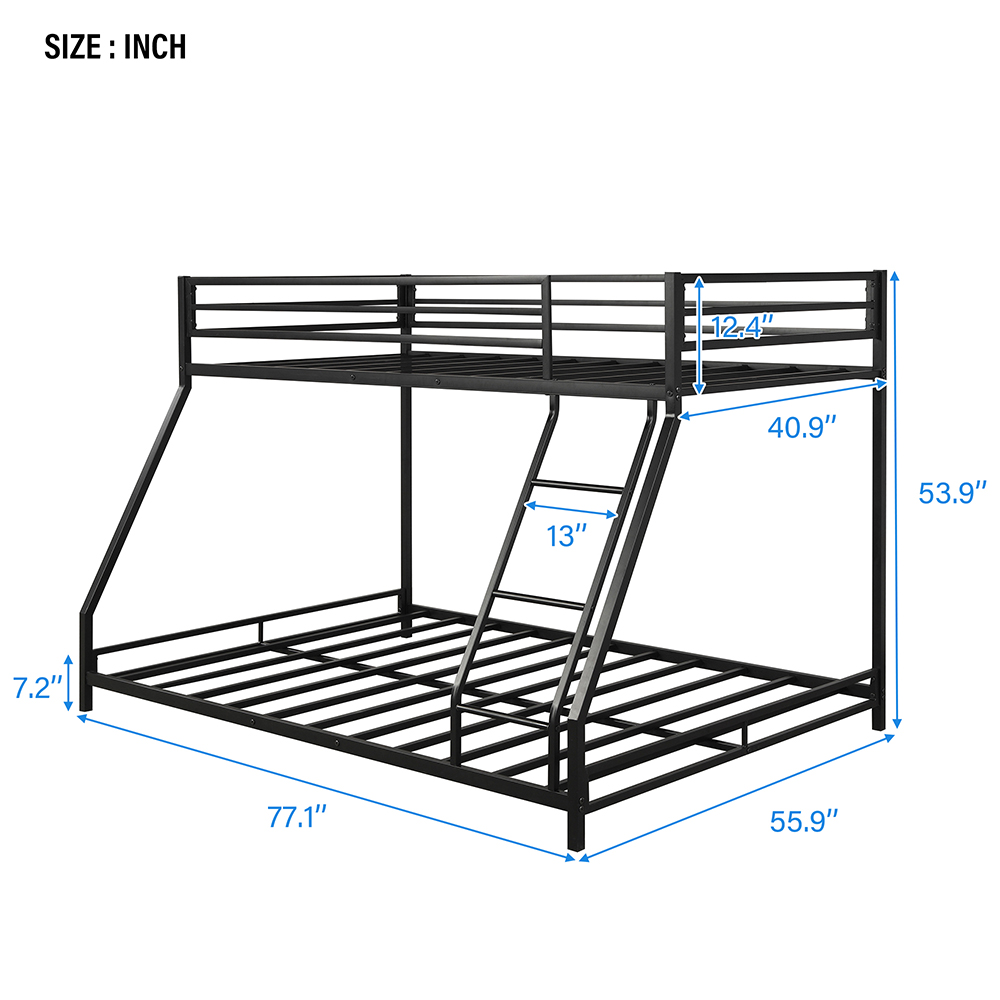 Twin-Over-Full Size Bunk Bed Frame with Ladder, and Metal Slats Support, No Spring Box Required (Frame Only) - Black