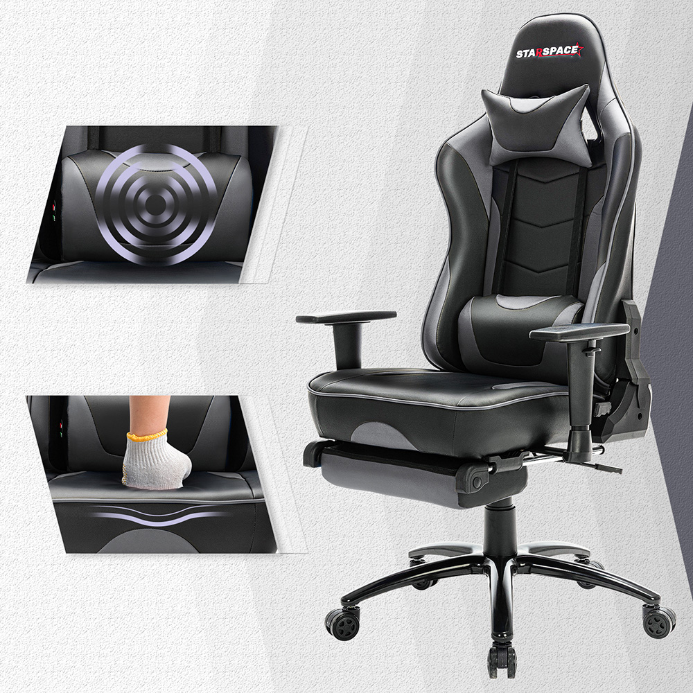 STARSPACE Home Office PU Leather Rotatable Massage Gaming Chair Height Adjustable with Ergonomic High Backrest and Footrest - Gray