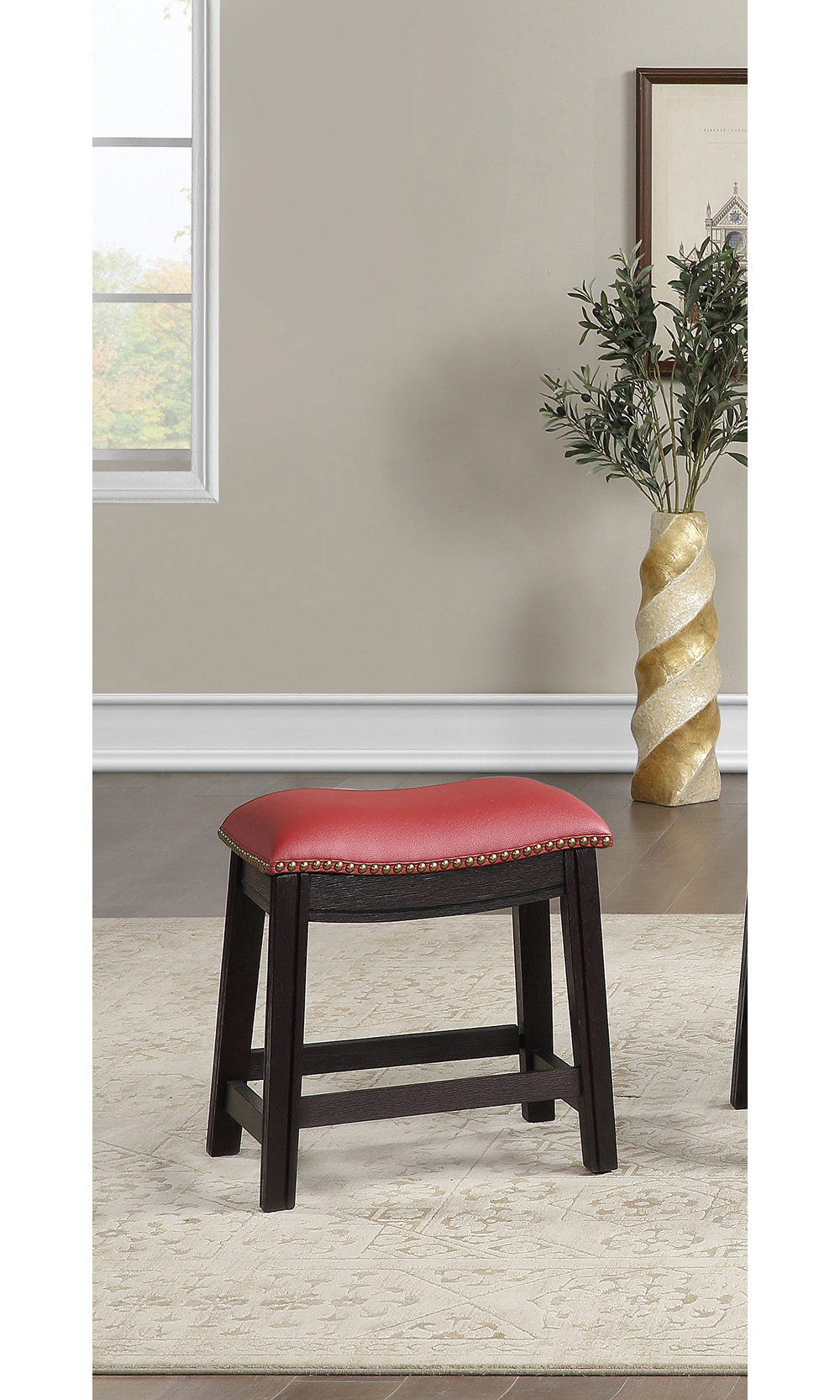 18"H PU Upholstered Dining Stool Set of 2, with Nailhead Trim, and Wooden Frame, for Restaurant, Cafe, Tavern, Office, Living Room - Burgundy