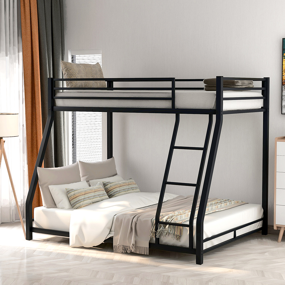 Twin-Over-Full Size Bunk Bed Frame with Ladder, and Metal Slats Support, No Spring Box Required (Frame Only) - Black