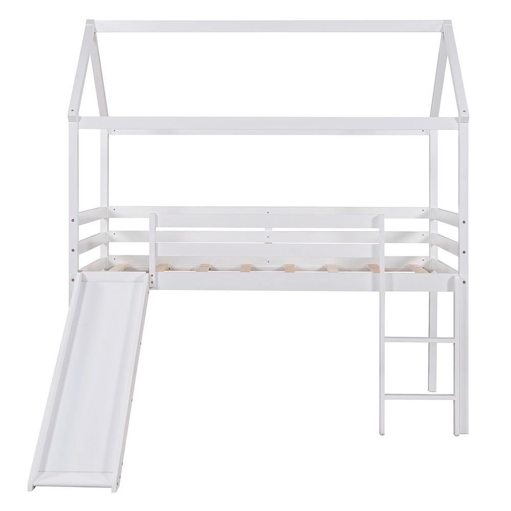 Twin-Size House-shaped Loft Bed Frame with Ladder, Slide, and Wooden Slats Support, for Kids, Teens, Boys, Girls (Frame Only) - White