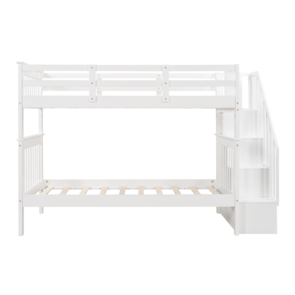 Twin-Over-Twin Size Bunk Bed Frame with Storage Stairs, and Wooden Slats Support, No Spring Box Required, for Kids, Teens, Boys, Girls (Frame Only) - White