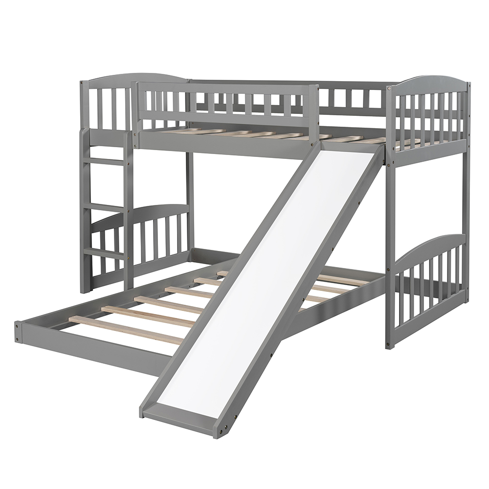 Twin-Over-Twin Size Bunk Bed Frame with Slide, Ladder, and Wooden Slats Support, No Spring Box Required, for Kids, Teens, Boys, Girls (Frame Only) - Gray