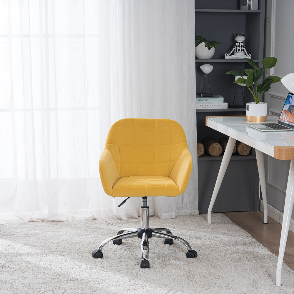 Velvet Upholstered Swivel Chair Height Adjustable with Curved Backrest and Casters for Living Room, Bedroom, Dining Room, Office - Yellow