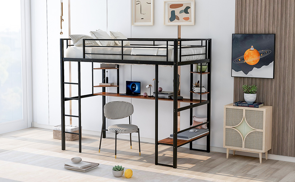 Twin-Size Loft Bed Frame with Ladder, Desk, Storage Shelves, and Steel Slats Support, for Kids, Teens, Boys, Girls (Frame Only) - Brown