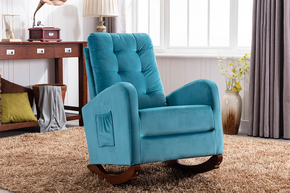 Velvet Upholstered Rocking Chair with Solid Wood Base and High Backrest, for Living Room, Bedroom, Dining Room, Nursery - Blue