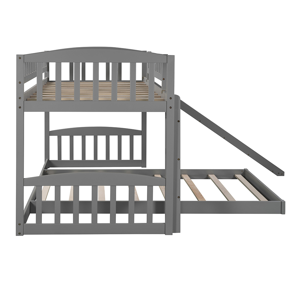 Twin-Over-Twin Size Bunk Bed Frame with Slide, Ladder, and Wooden Slats Support, No Spring Box Required, for Kids, Teens, Boys, Girls (Frame Only) - Gray
