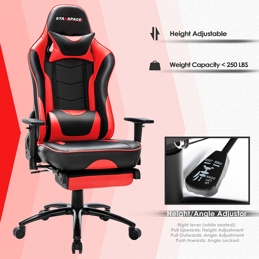 STARSPACE Home Office PU Leather Rotatable Massage Gaming Chair Height Adjustable with Ergonomic High Backrest and Footrest - Red