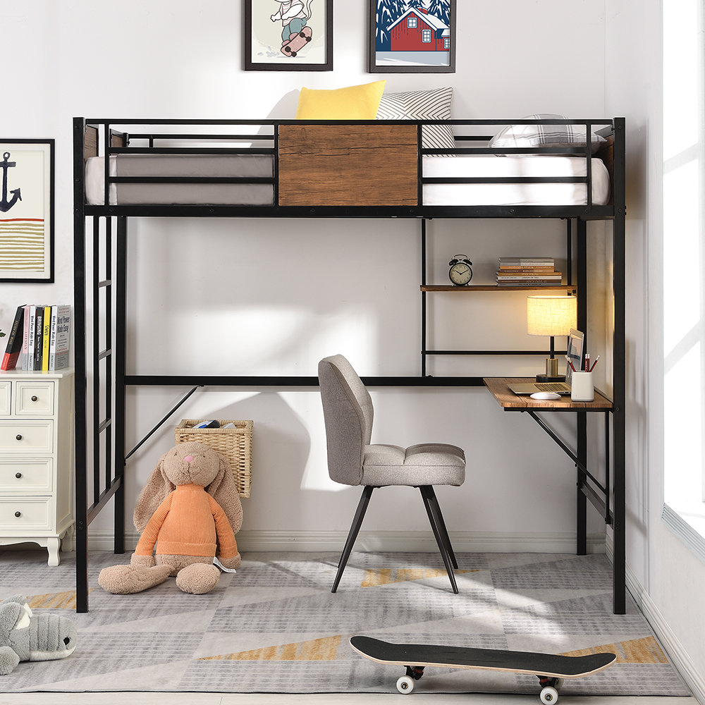 Twin-Size Loft Bed Frame with Ladder, Desk, Storage Shelf, and Metal Slats Support, for Kids, Teens, Boys, Girls (Frame Only) - Brown