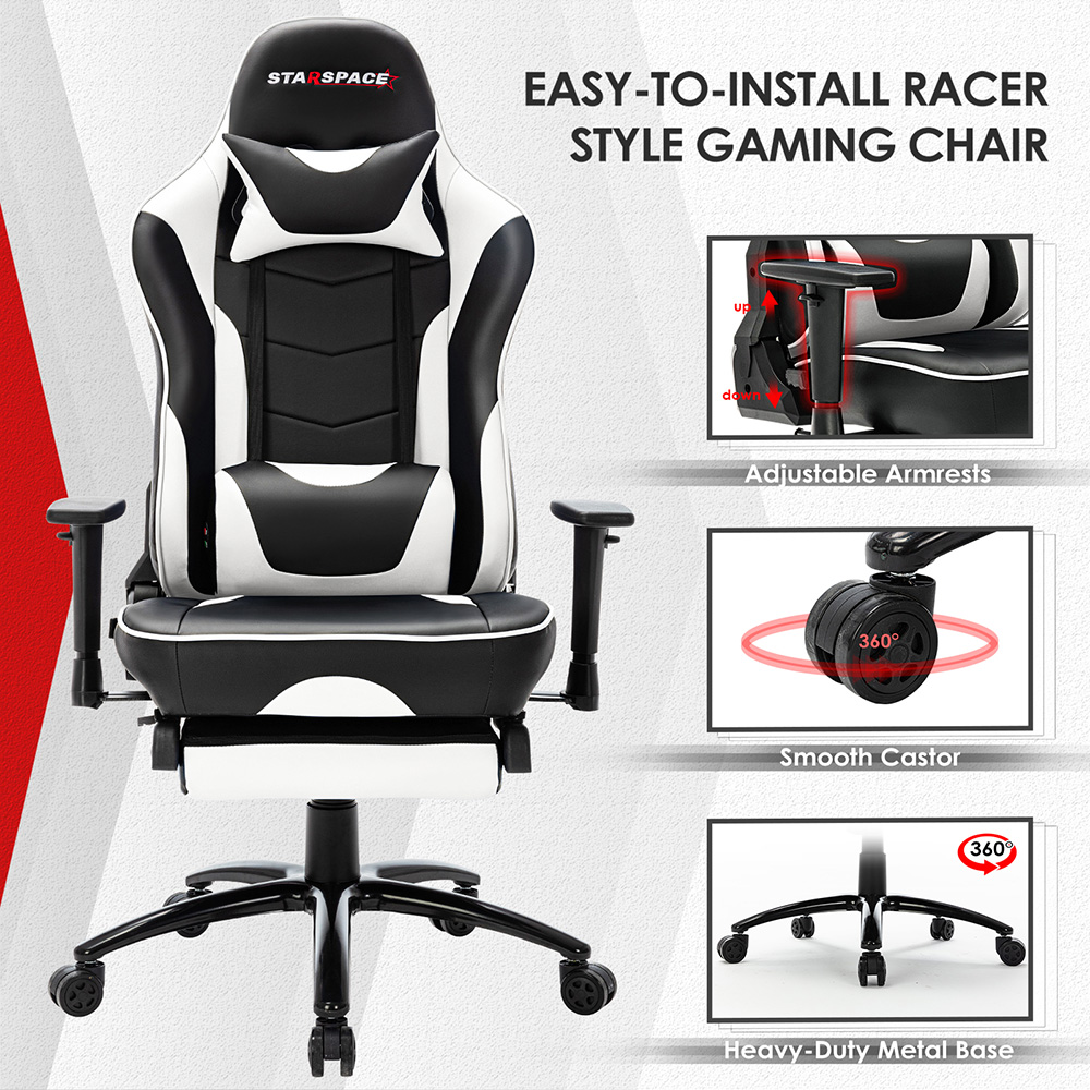 STARSPACE Home Office PU Leather Rotatable Massage Gaming Chair Height Adjustable with Ergonomic High Backrest and Footrest - White