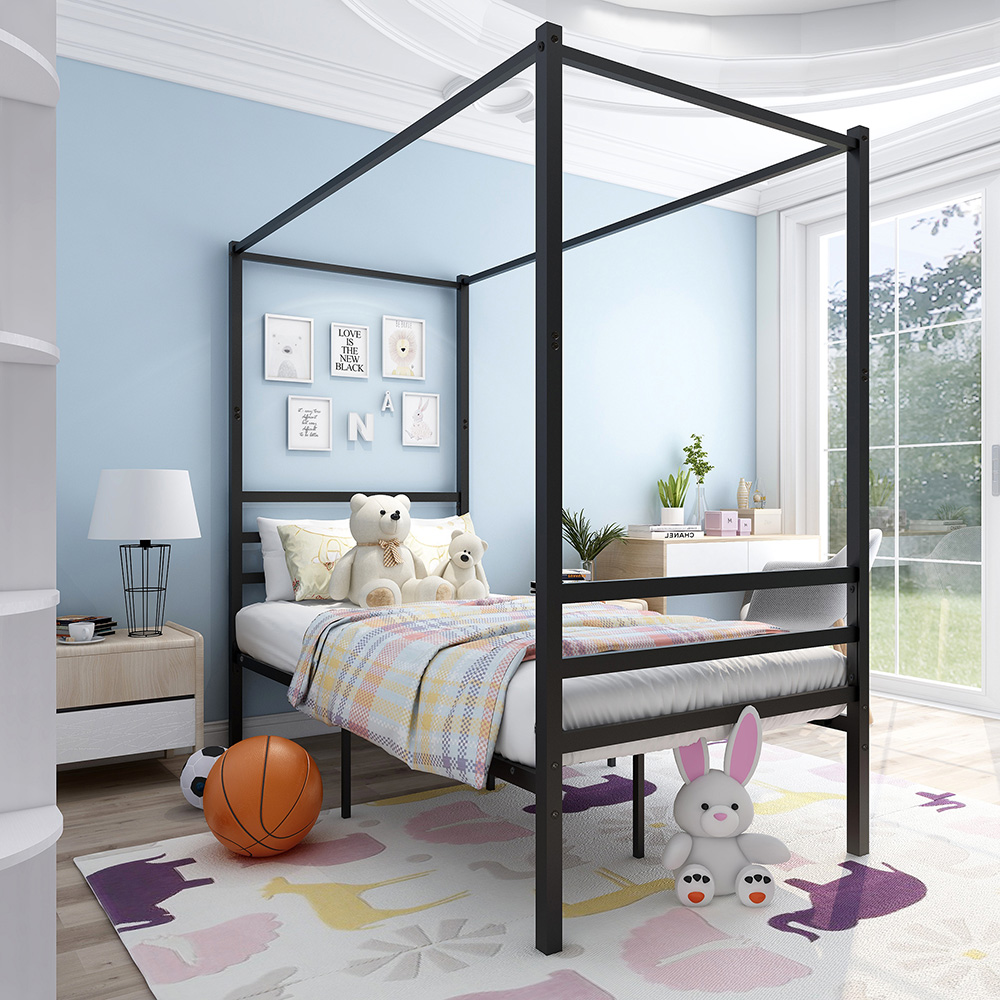 Twin-Size Canopy Platform Bed Frame with 4 Pillars and Metal Slats Support, No Box Spring Needed (Only Frame) - Black