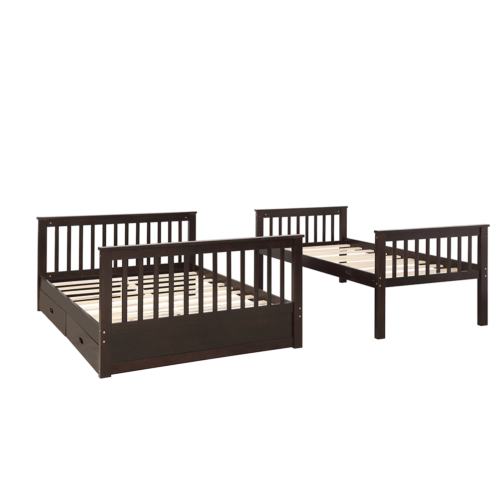 Twin-Over-Full Size Bunk Bed Frame with 2 Storage Drawers, Ladder, and Wooden Slats Support, No Spring Box Required, for Kids, Teens (Frame Only) - Espresso