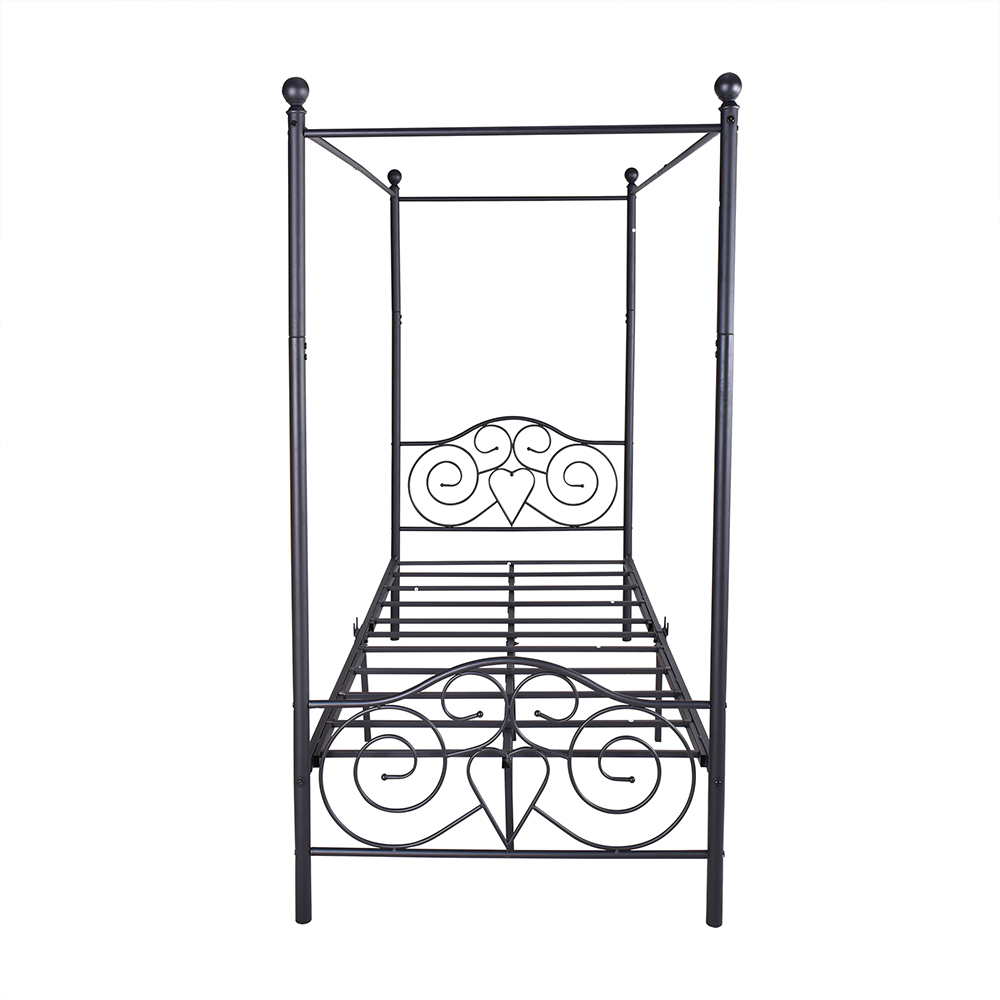 Twin-Size Metal Canopy Bed Frame with 4 Pillars and Metal Slats Support, No Box Spring Needed (Only Frame) - Black