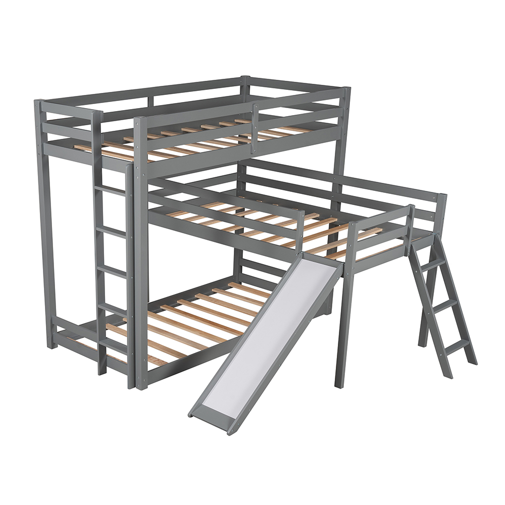 Twin-Over-Twin Size L-shaped Bunk Bed Frame with Loft Bed, Ladder, Slide, and Wooden Slats Support, No Spring Box Required, for Kids, Teens, Boys, Girls (Frame Only) - Gray