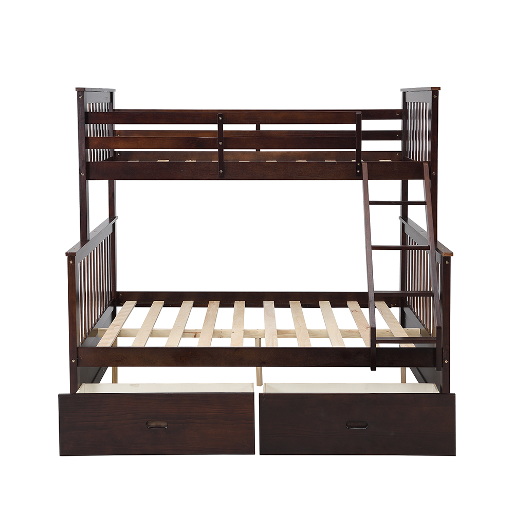 Twin-Over-Full Size Bunk Bed Frame with 2 Storage Drawers, Ladder, and Wooden Slats Support, No Spring Box Required, for Kids, Teens (Frame Only) - Espresso