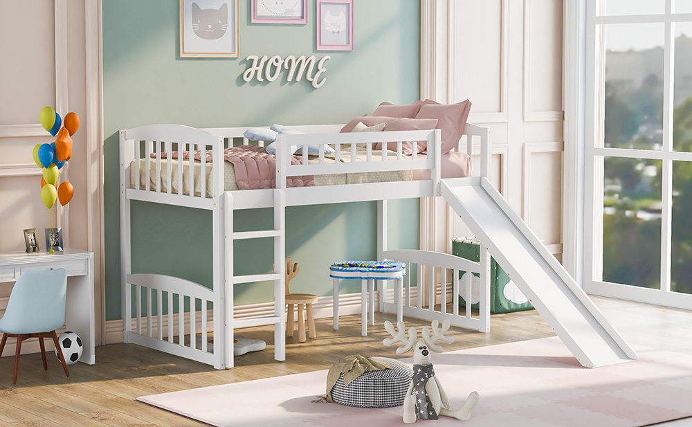 Twin-Size Loft Bed Frame with Slide, Ladder, and Wooden Slats Support, for Kids, Teens, Boys, Girls (Frame Only) - White