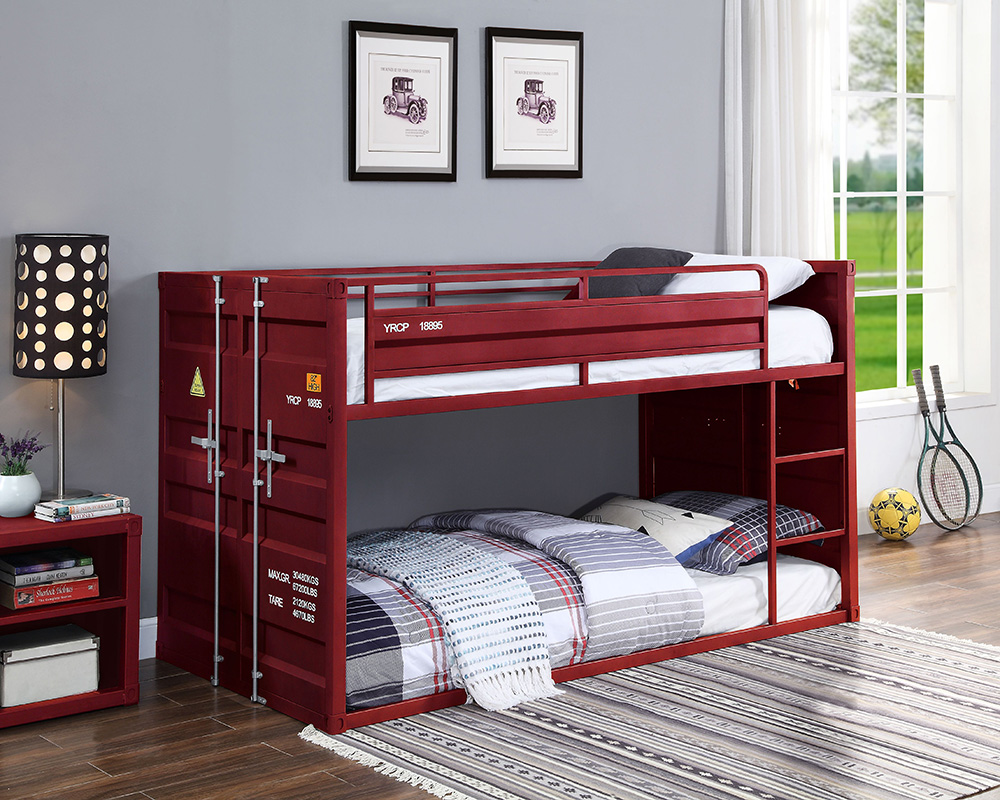 ACME Cargo Twin-Over-Twin Size Bunk Bed Frame with Ladder, and Metal Slats Support, No Spring Box Required, for Kids, Teens (Frame Only) - Red
