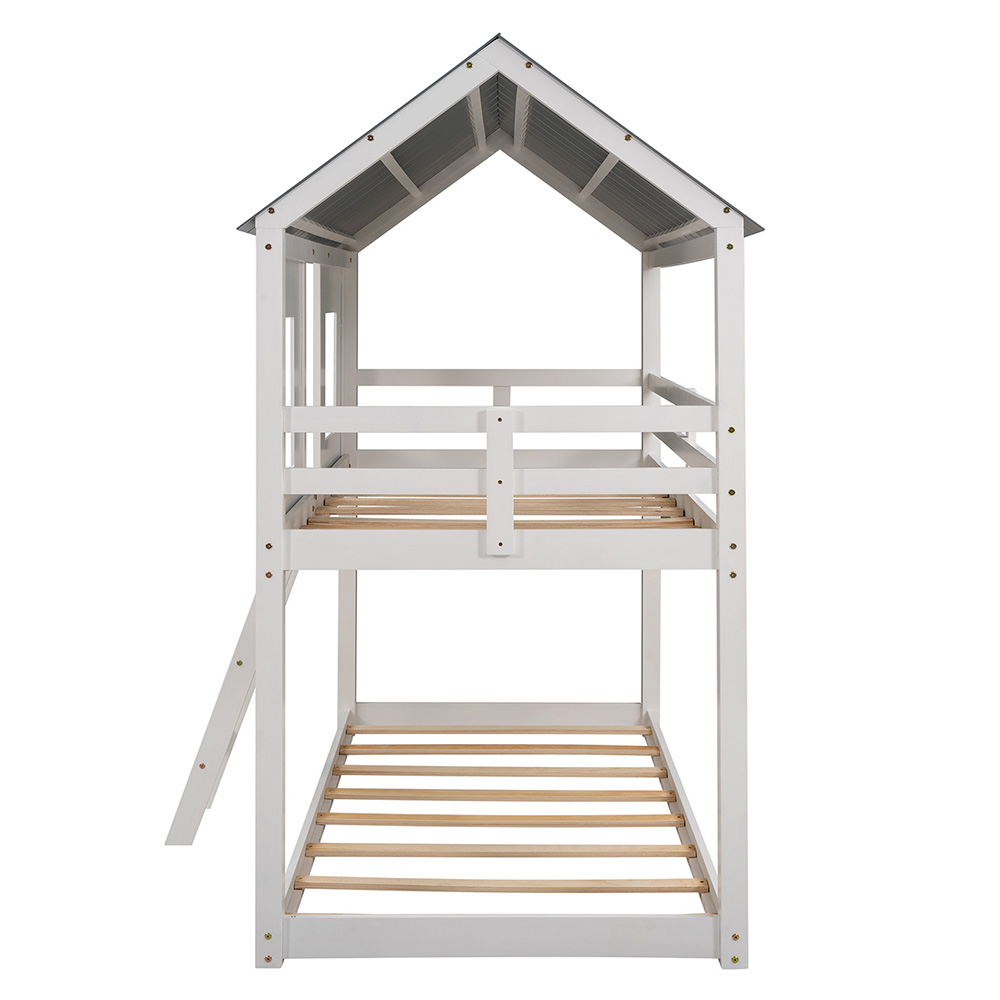 Twin-Over-Twin Size House-shaped Bunk Bed Frame with Ladder, and Wooden Slats Support, No Spring Box Required, for Kids, Teens (Frame Only) - White