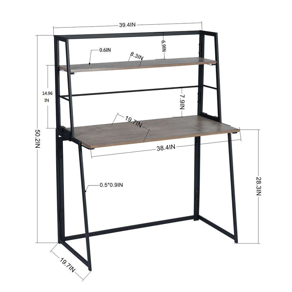 39.4" Home Office Folding Computer Desk with Bookshelves, Wooden Tabletop and Metal Frame, for Game Room, Office, Study Room - Walnut