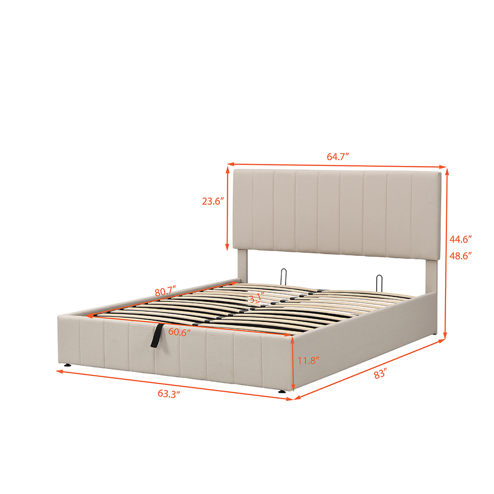 Queen-Size Linen Upholstered Platform Bed Frame with Hydraulic Storage System and Wooden Slats Support, No Box Spring Needed (Only Frame) - Beige