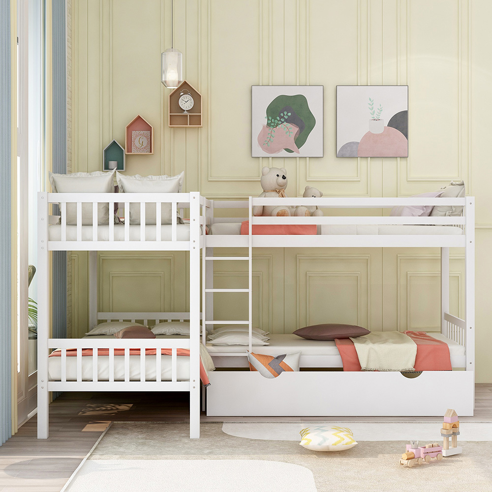 Twin-Over-Twin Size L-Shaped Bunk Bed Frame with 3 Storage Drawers, Ladder, and Wooden Slats Support, No Spring Box Required, for Kids, Teens (Frame Only) - White