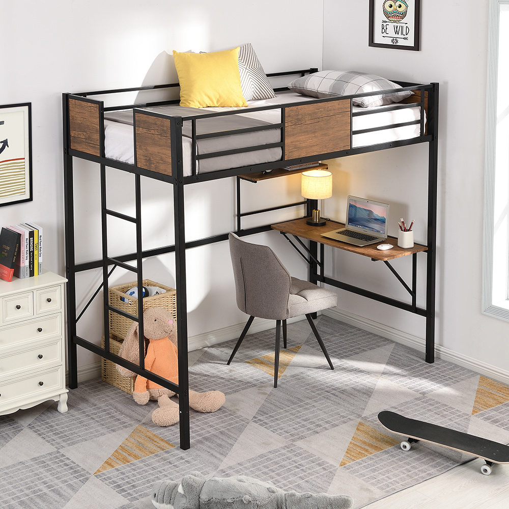 Twin-Size Loft Bed Frame with Ladder, Desk, Storage Shelf, and Metal Slats Support, for Kids, Teens, Boys, Girls (Frame Only) - Brown