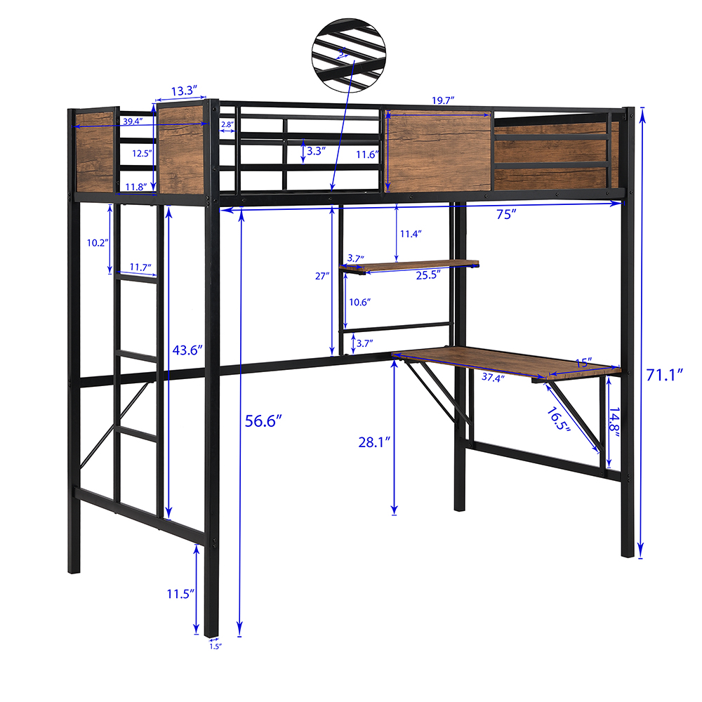 Twin-Size Loft Bed Frame with Ladder, Desk, Storage Shelf, and Metal Slats Support, for Kids, Teens, Boys, Girls (Frame Only) - Brown