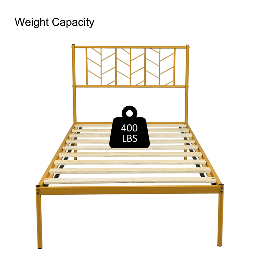 Twin-Size Metal Platform Bed Frame with Headboard and MDF Slats Support, No Box Spring Needed (Only Frame) - Gold