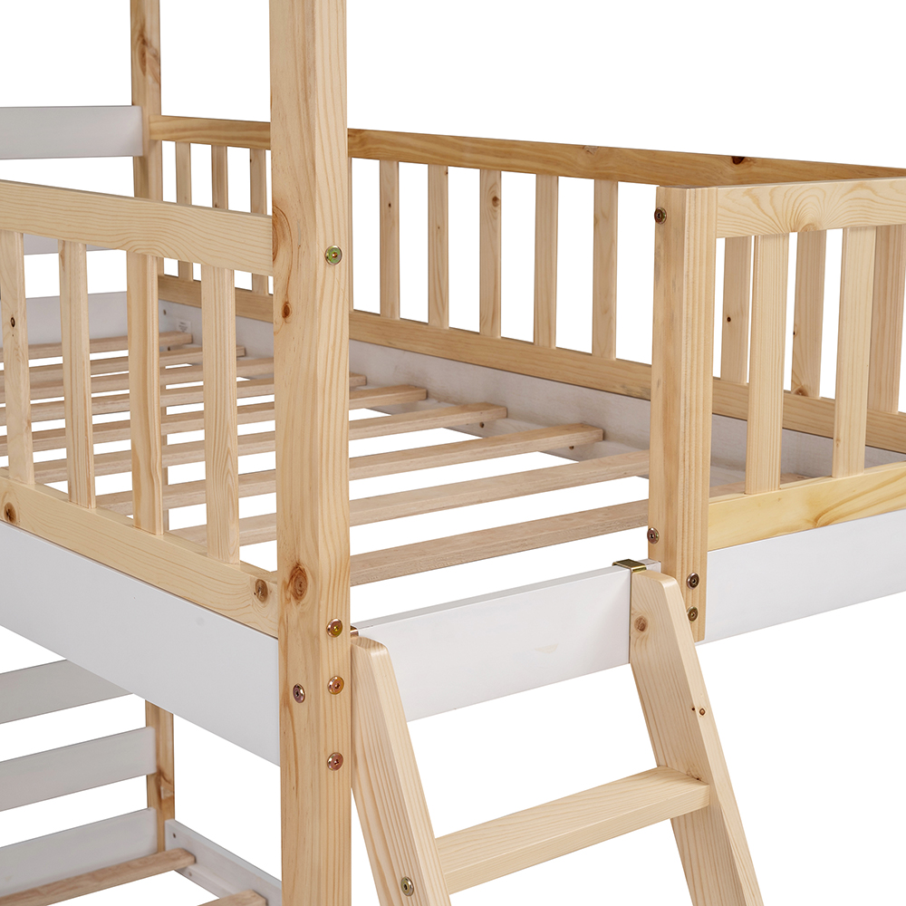 Twin-Over-Twin Size House-shaped Bunk Bed Frame with Roof, Ladder, and Wooden Slats Support, No Spring Box Required, for Kids, Teens (Frame Only) - Natural